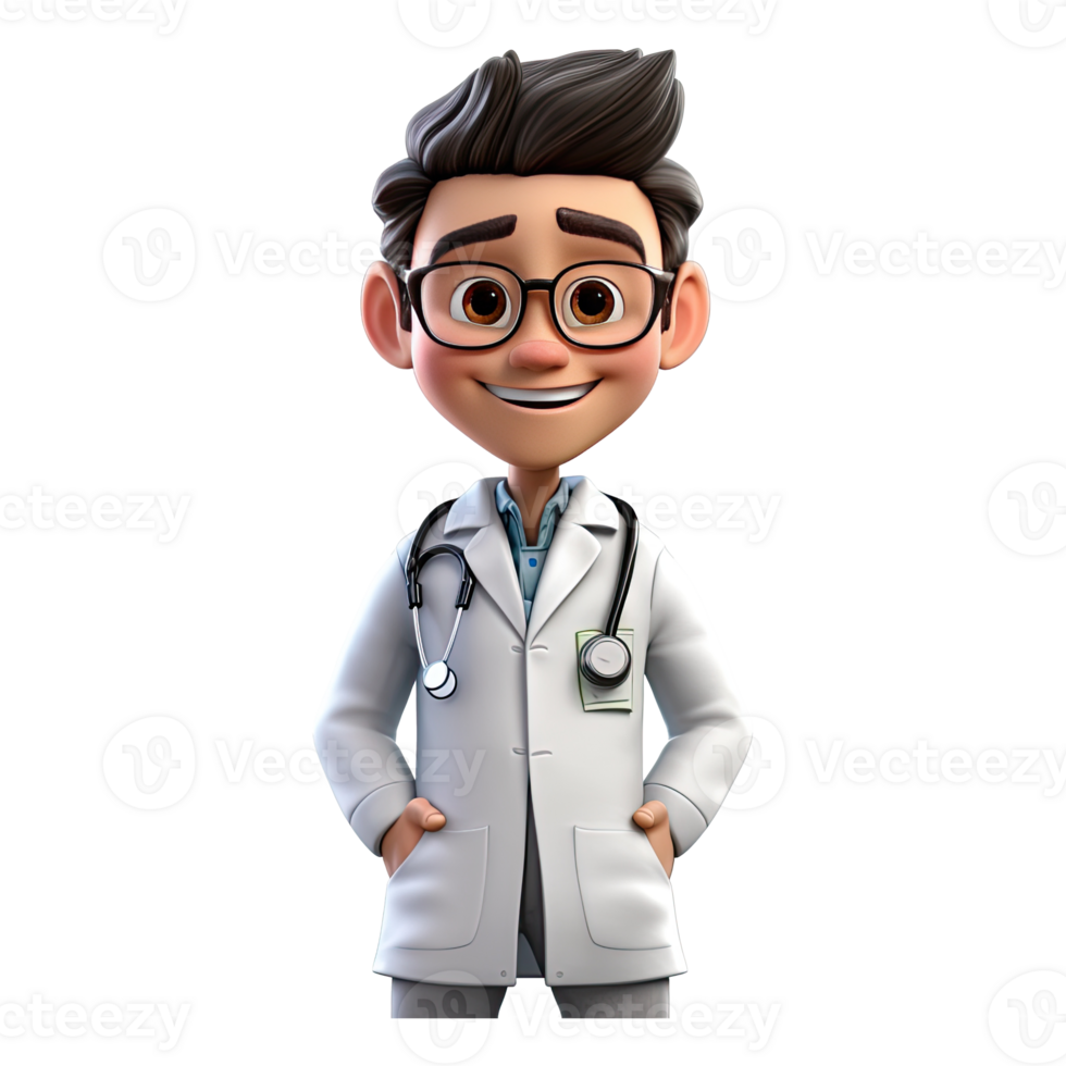 3D Happy cartoon doctor. Cartoon doctor on transparent background. png