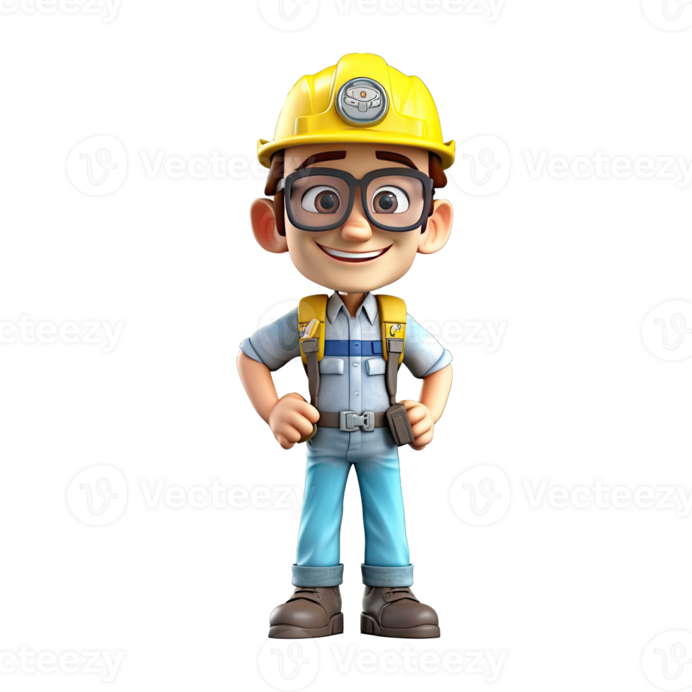 3D cartoon engineer on transparent background. png