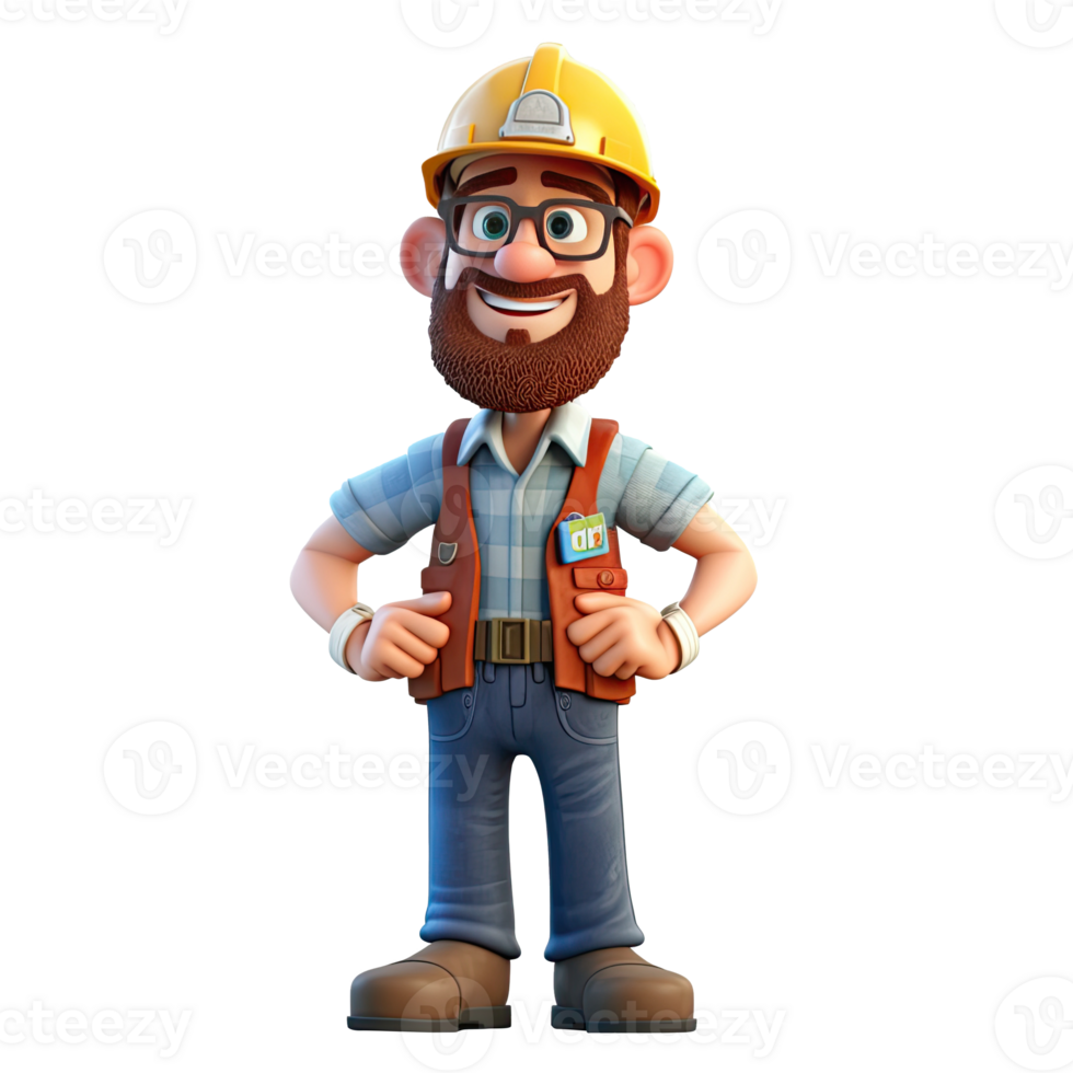 3D cartoon engineer on transparent background. png