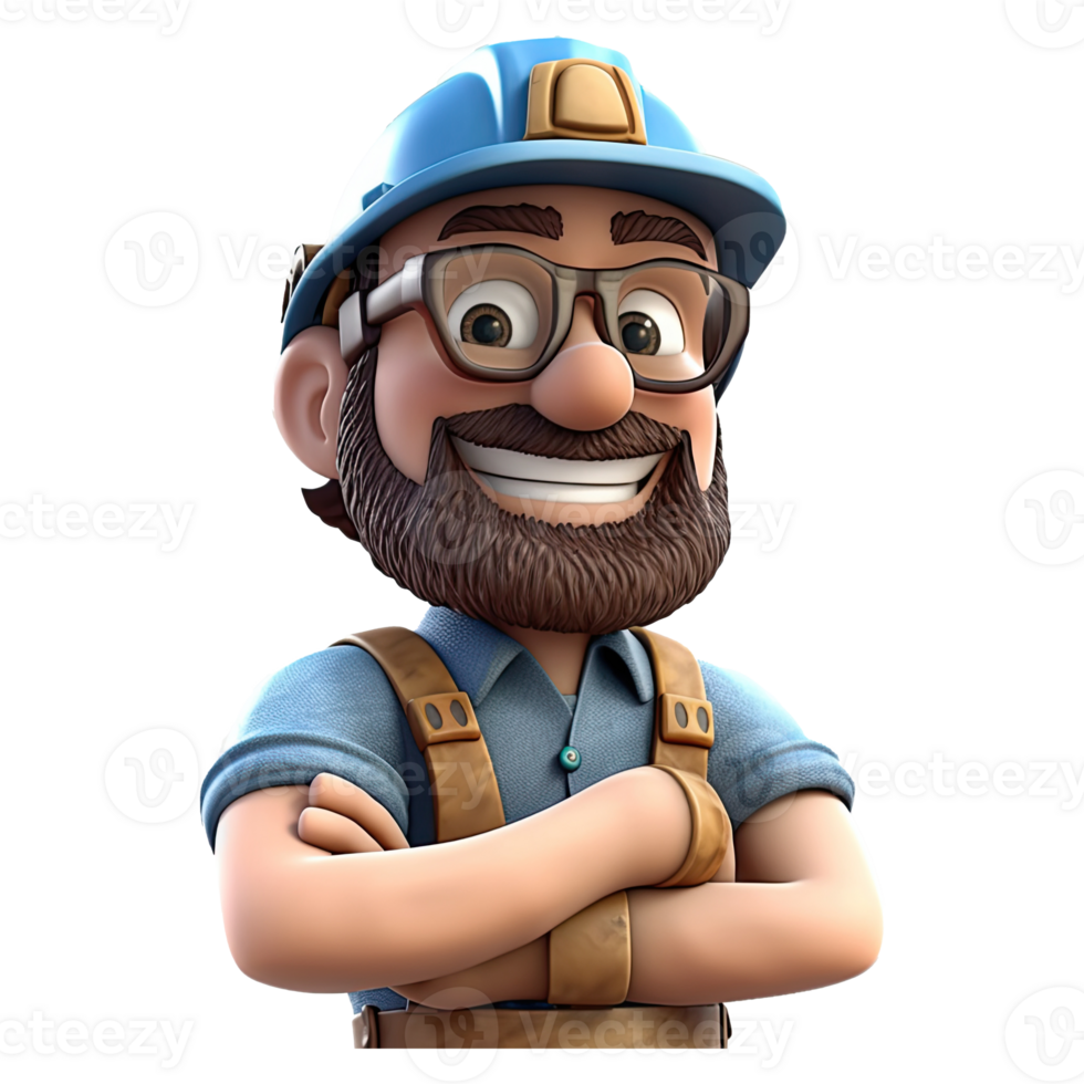 3D cartoon engineer on transparent background. png