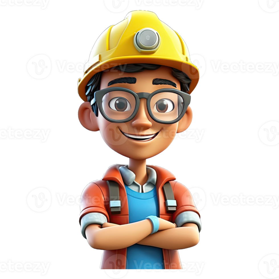 3D cartoon engineer on transparent background. png
