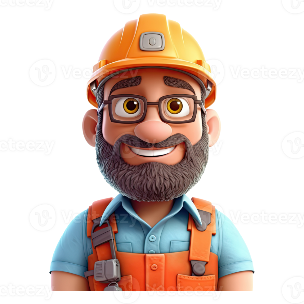 3D cartoon engineer on transparent background. png