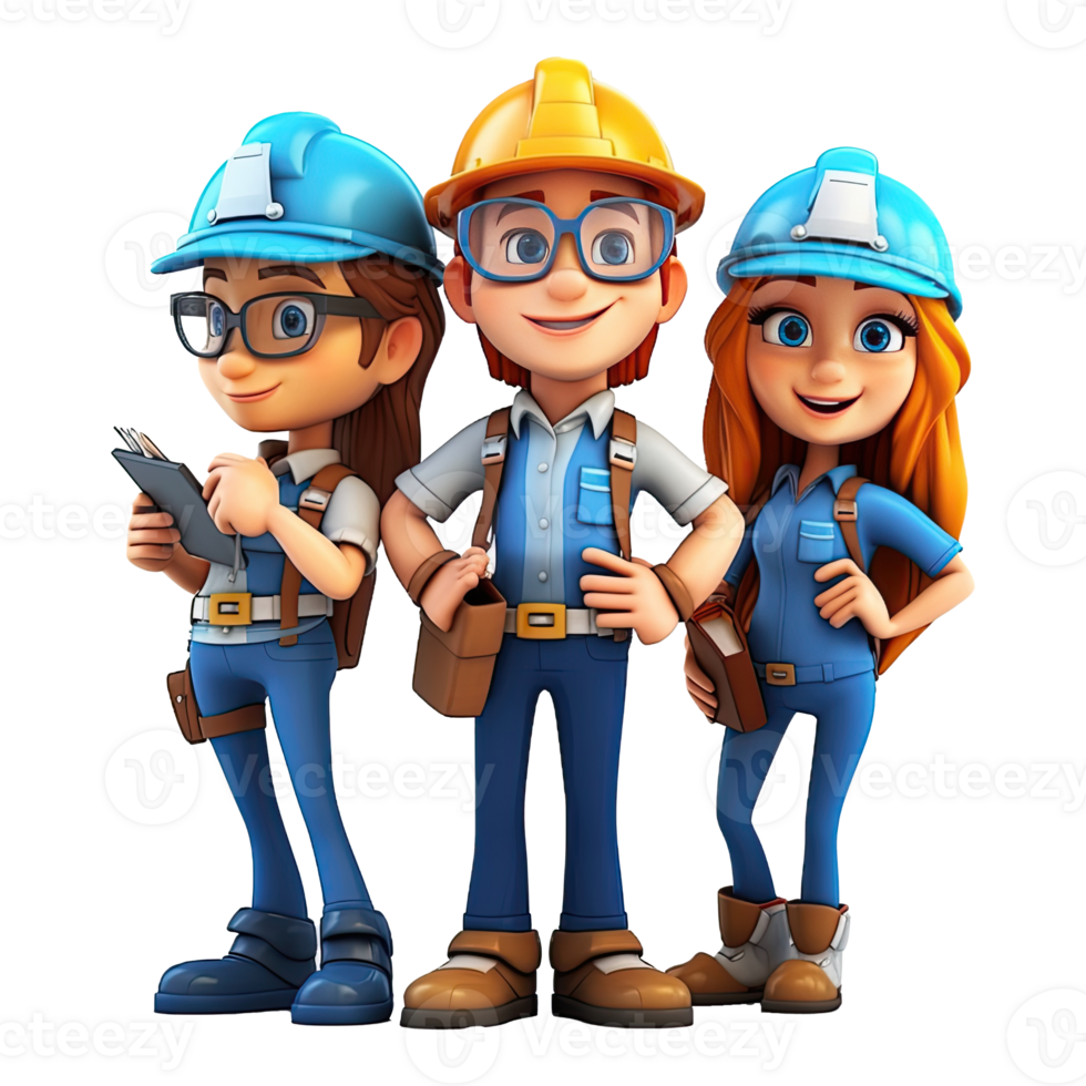 3D cartoon engineer team. Group of engineer on transparent background. png