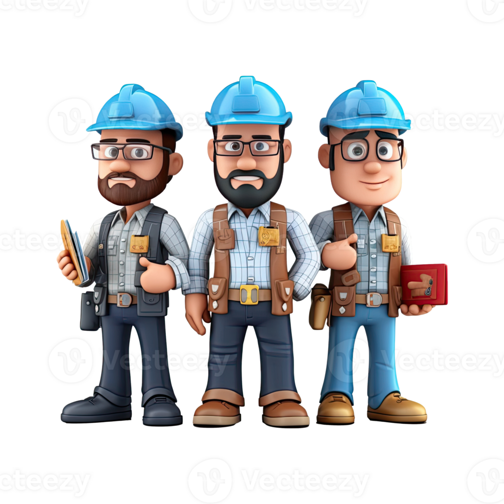 3D cartoon engineer team. Group of engineer on transparent background. png
