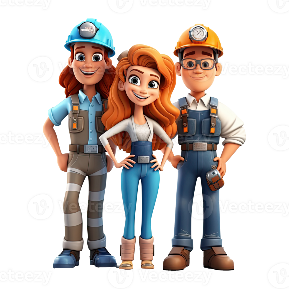 3D cartoon engineer team. Group of engineer on transparent background. png