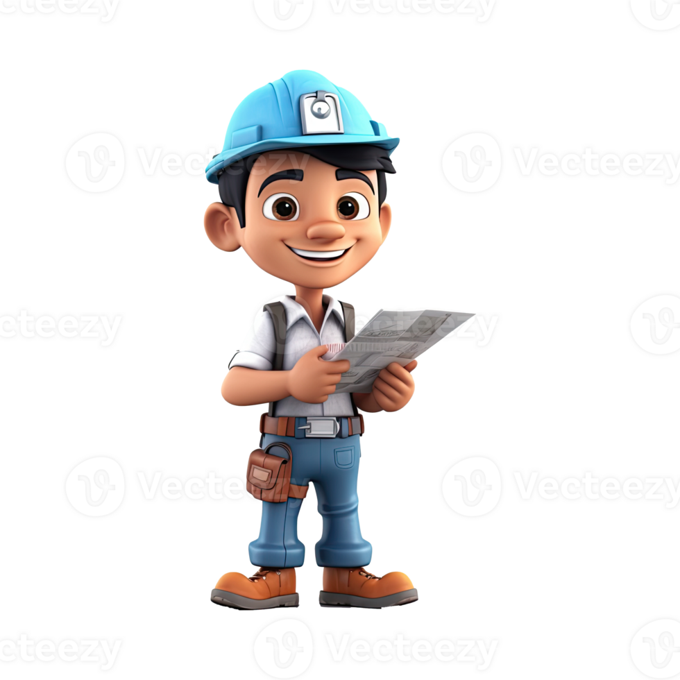 3D cartoon engineer on transparent background. png