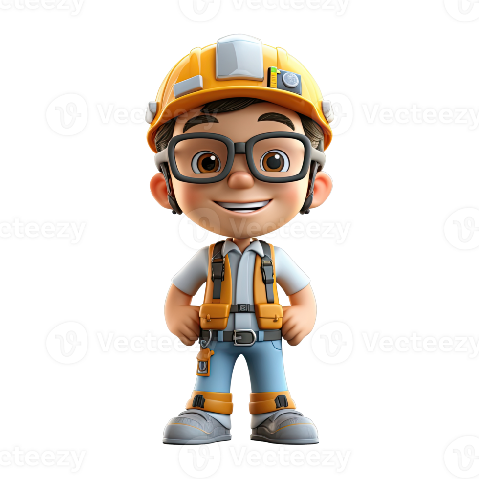 3D cartoon engineer on transparent background. png