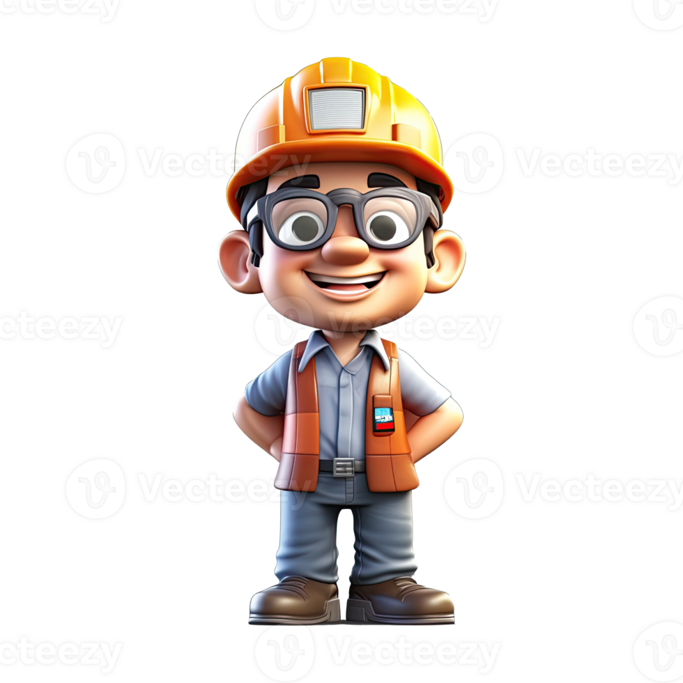 3D cartoon engineer on transparent background. png