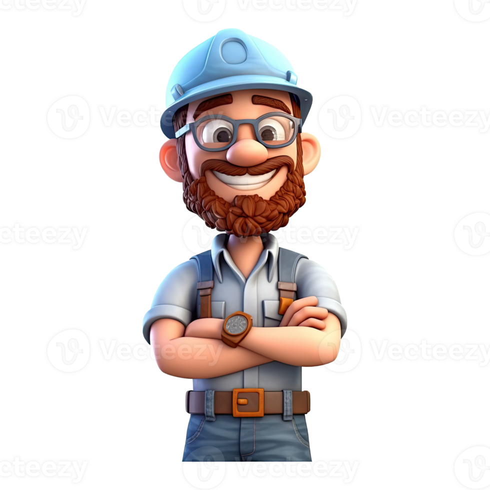 3D cartoon engineer on transparent background. png