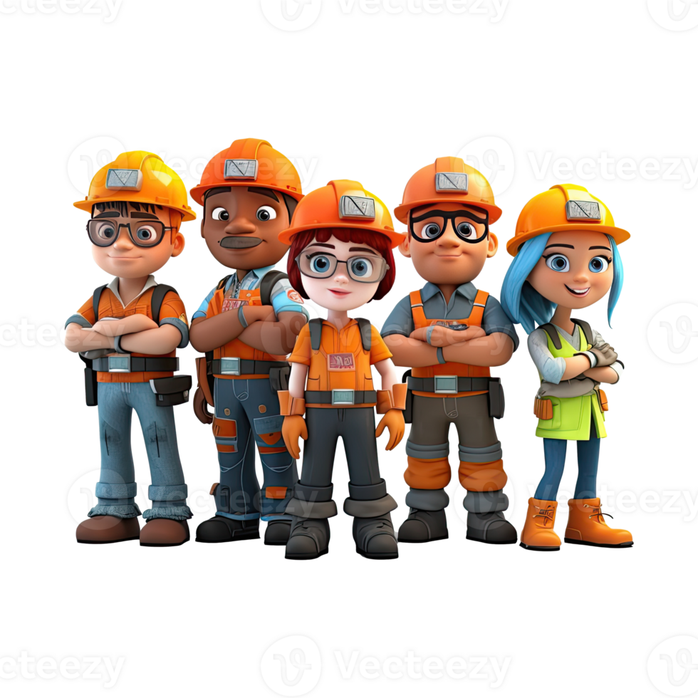 3D cartoon engineer team. Group of engineer on transparent background. png