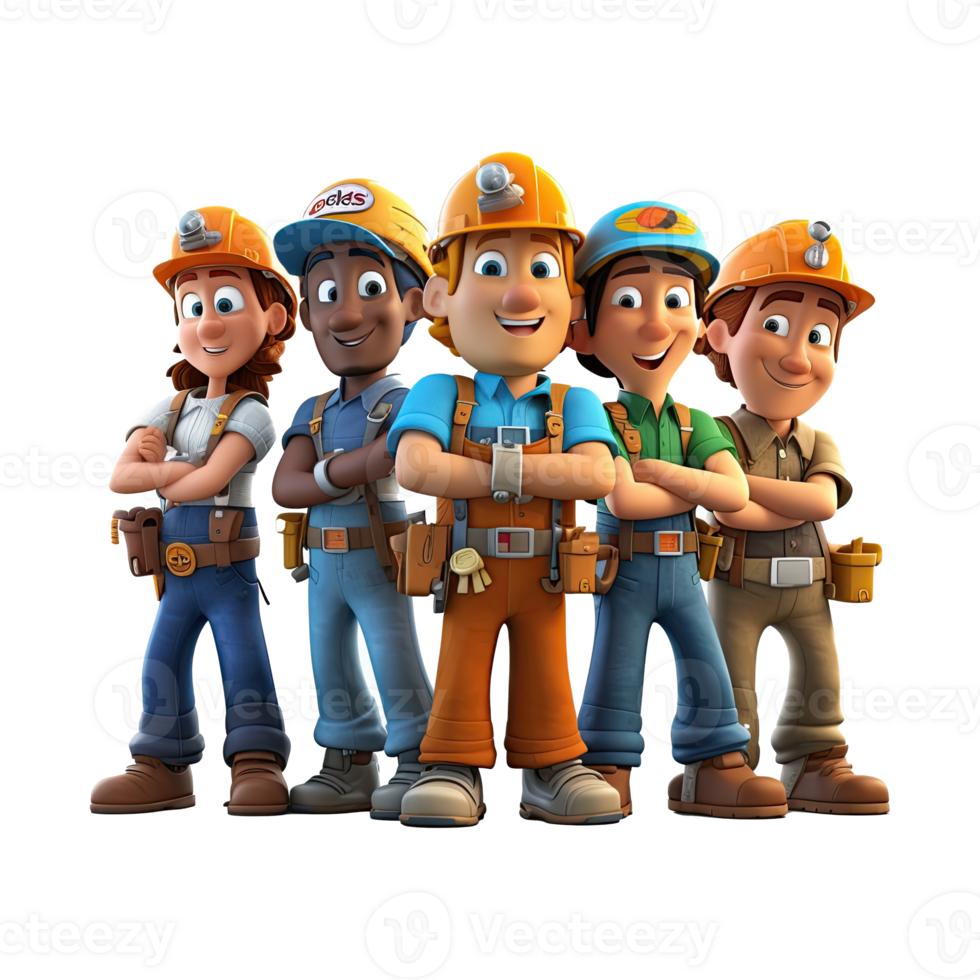 3D cartoon engineer team. Group of engineer on transparent background. png