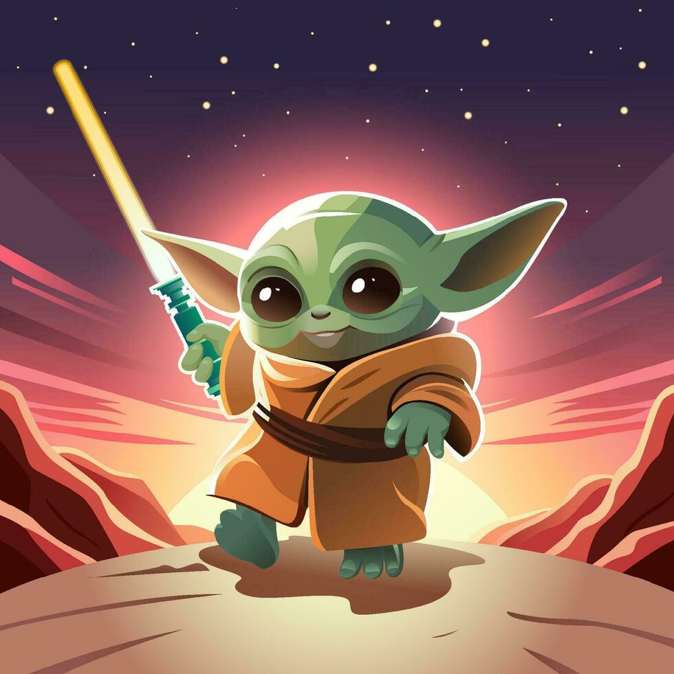 Cute Green Alien Running Holding Light Sword In Fantasy Planet vector