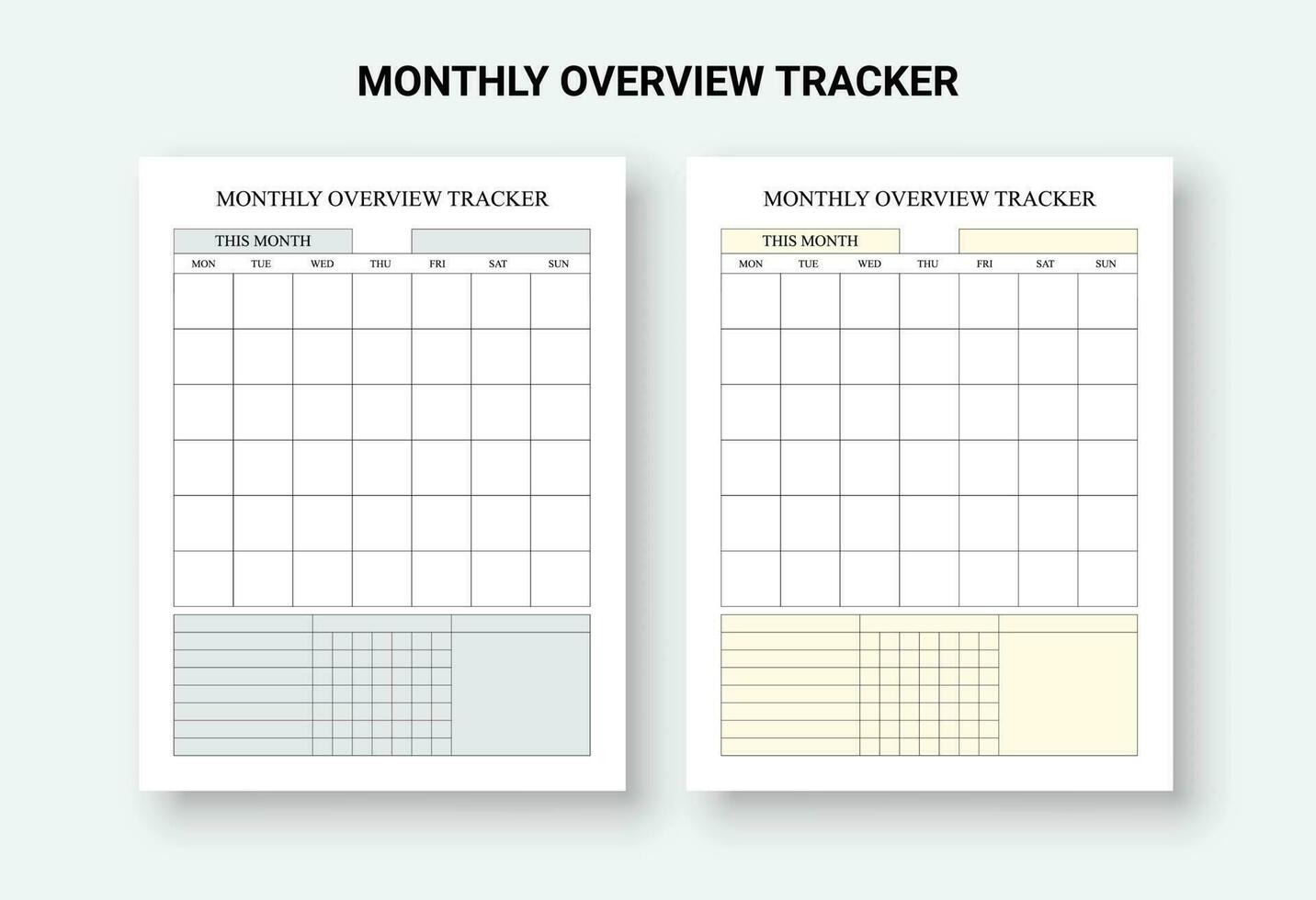 mensual visión de conjunto rastreadores, sin fecha mensual descripción general, mes en uno página modelo vector