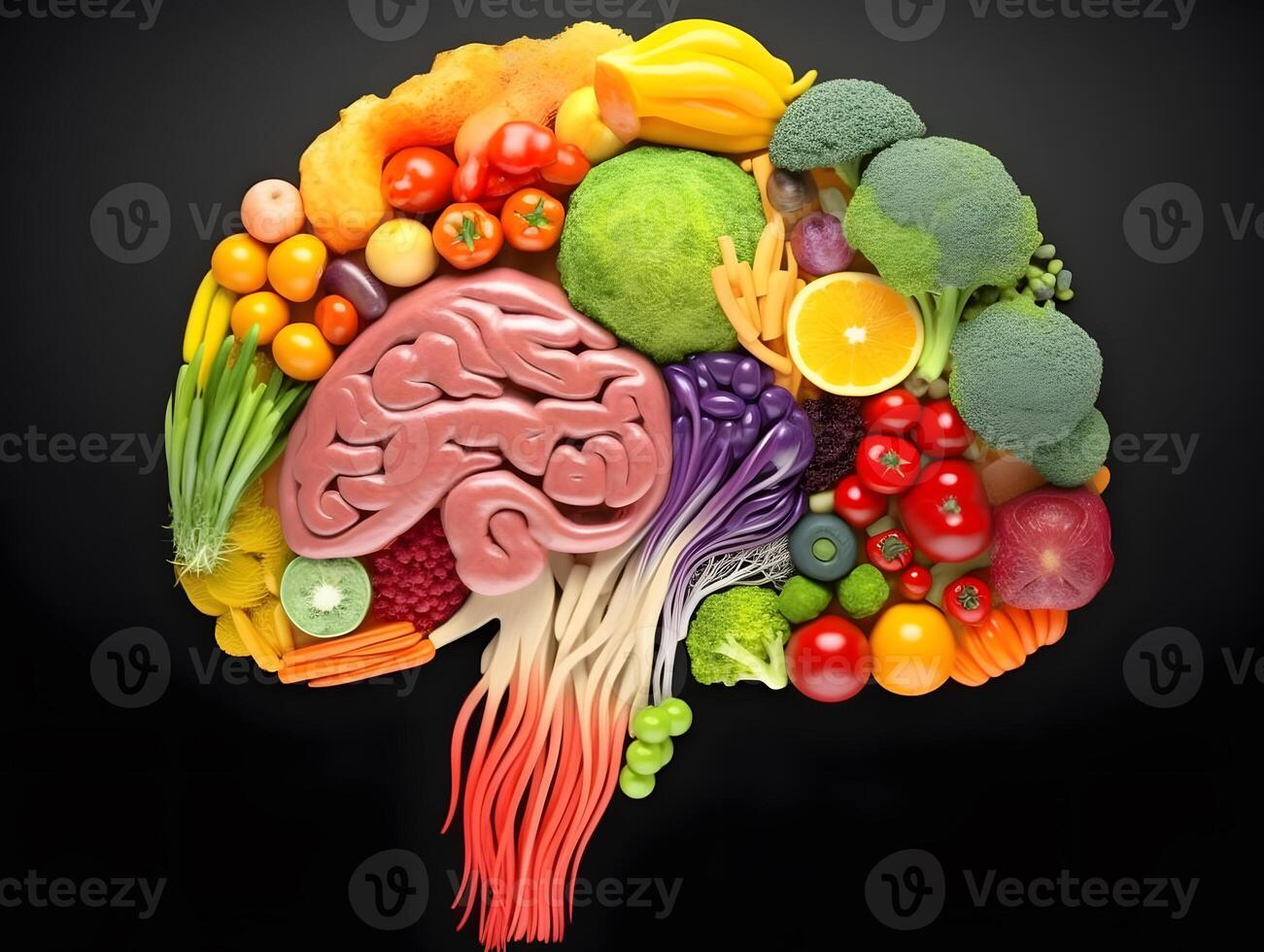 Brain shaped arrangement of fruits and vegetables. Nutrition for brain health. 24588160 Stock