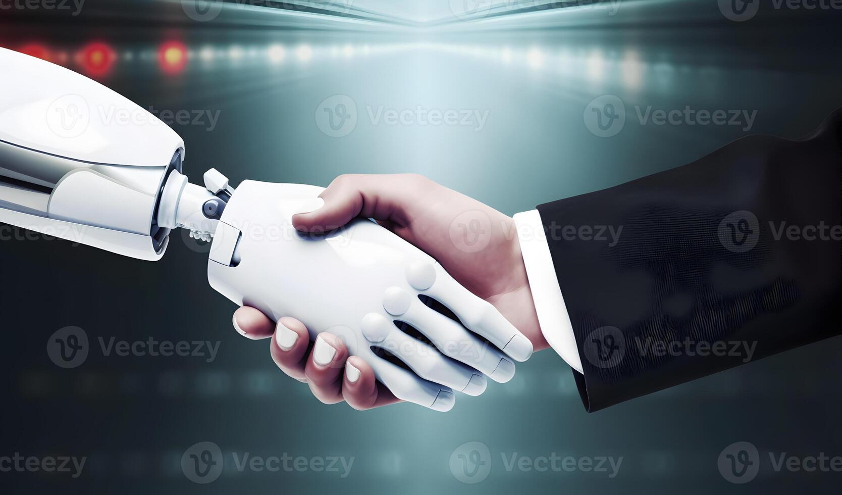 Robot and businessman in handshake. Concept of human robot relationships. image. photo