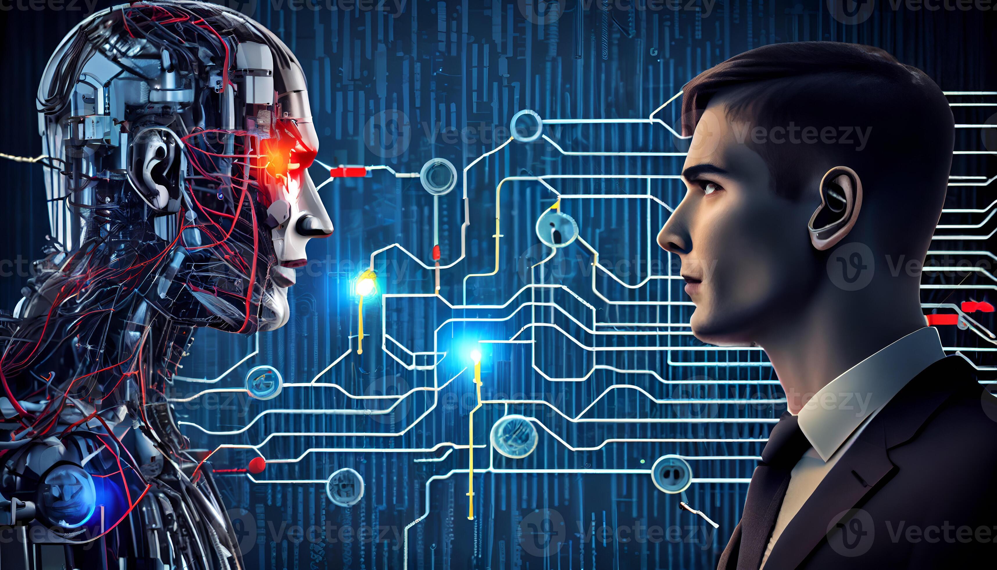 Man and AI robot look at each other. Concept of human and robot