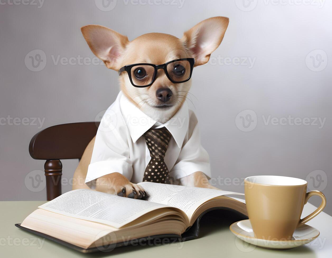 Chihuahua puppy with eyeglasses and opened book. photo