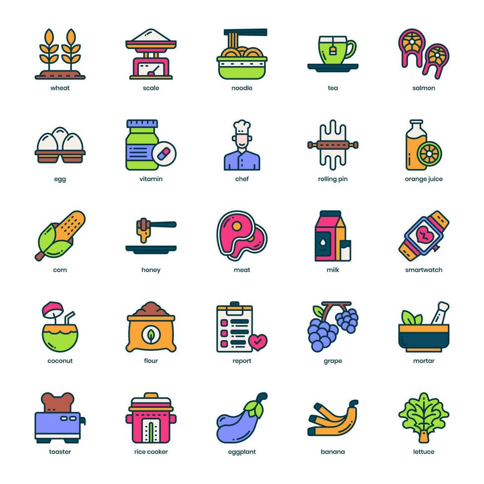 Nutrition icon pack for your website design, logo, app, and user interface. Nutrition icon filled color design. Vector graphics illustration and editable stroke.