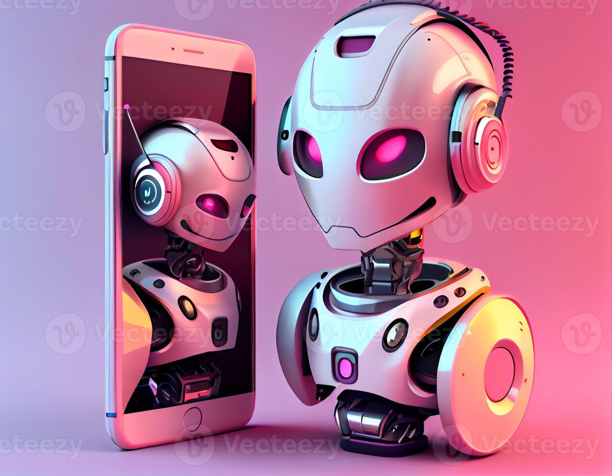 Robot beside the screen of smartphone. Concept of chatbot with artificial intelligence. Head and shoulder portrait of adorable rabbit with eyeglasses, photo