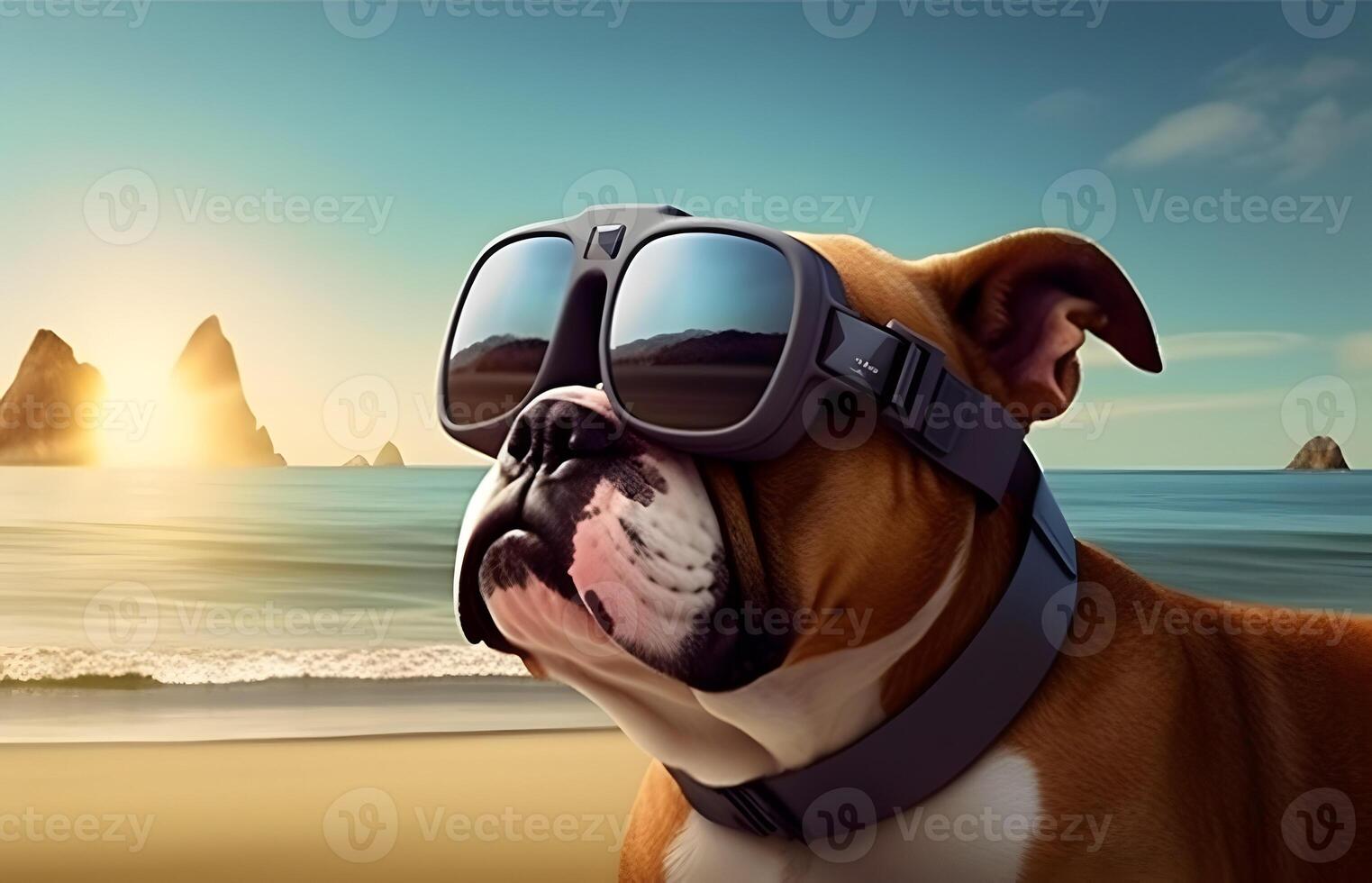 Bull dog with vr glasses relaxing at beach. image. photo