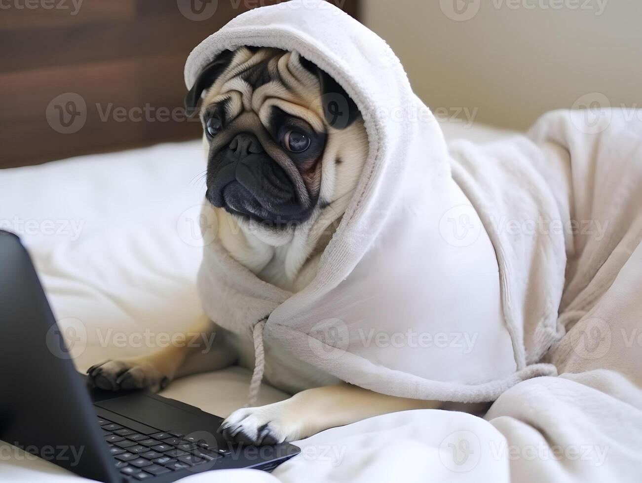 Lazy pet pug dog doing work from home. photo