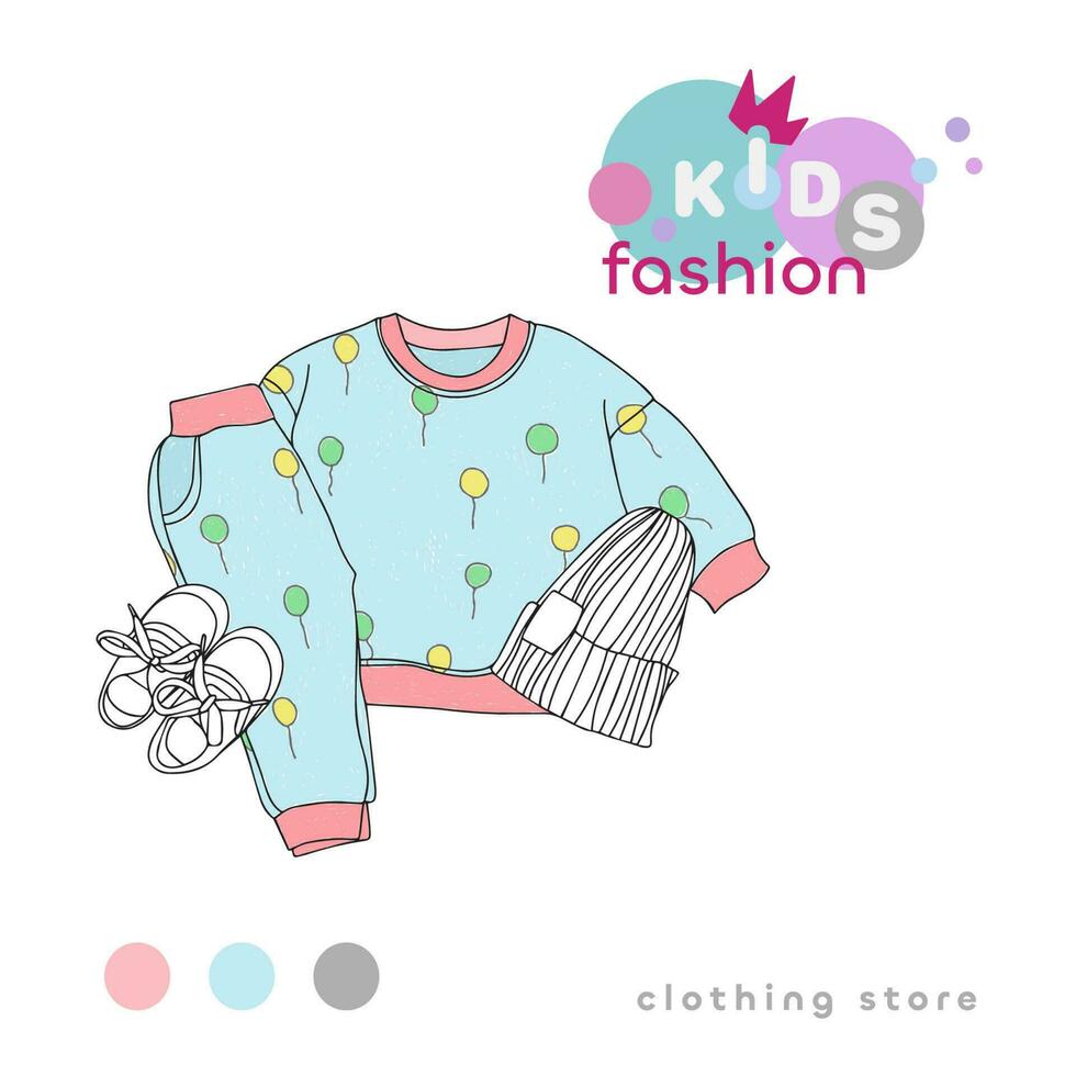 Childrens clothing store, image, childrens fashion, suit, hat and sneakers vector