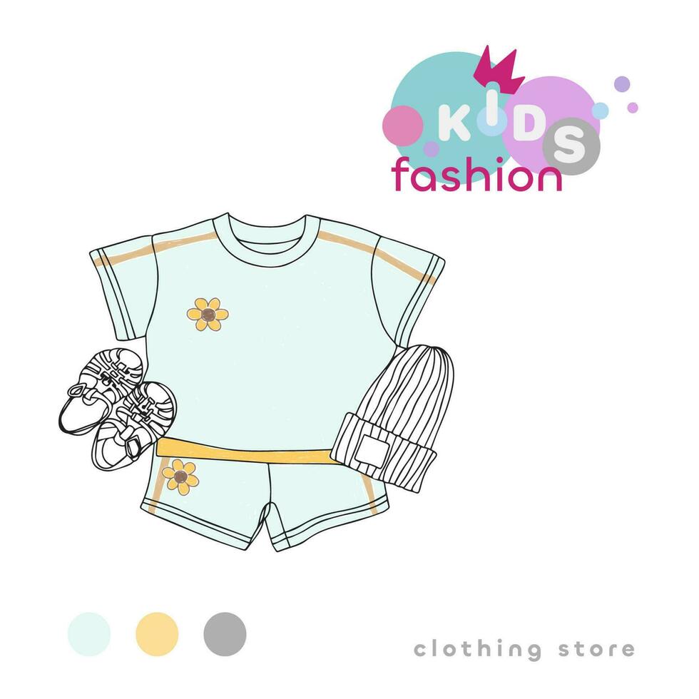 Toddler suit with sandals and cap, fashionable childrens clothing, picture vector