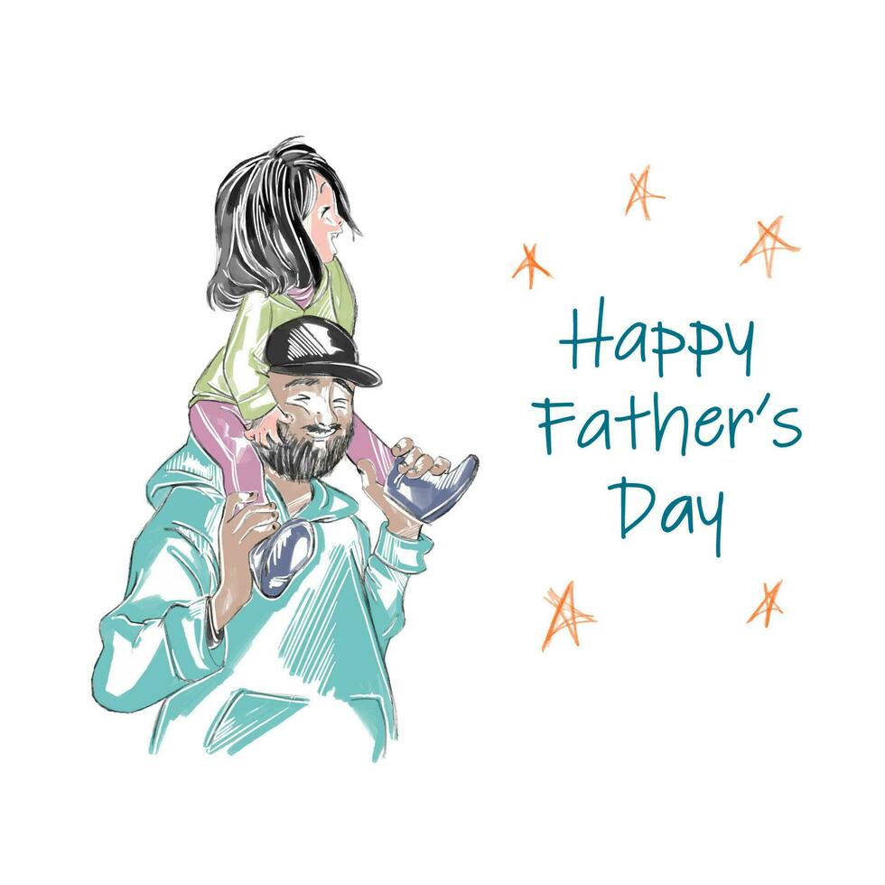 Sketch of father with daughter, holiday card, Happy fathers day on white background vector