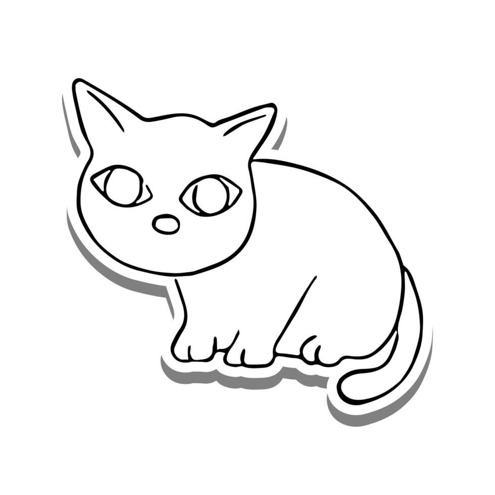 negro línea un gato sentar en blanco silueta y gris sombra. mano dibujado dibujos animados estilo. garabatear para colorante, decoración o ninguna diseño. vector ilustración de niño Arte.