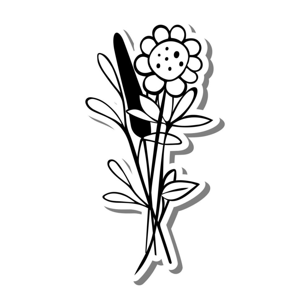 arte de línea de ramo pequeño. flor, hojas y polen en silueta blanca y sombra gris. ilustración vectorial para decoración o cualquier diseño. vector