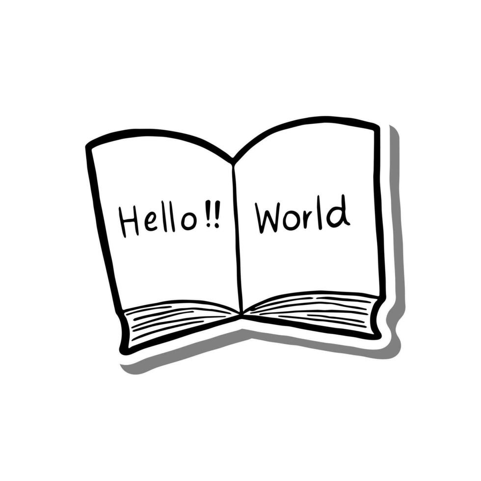 Doodle cartoon book open. Hand drawn black line. Text 'Hello World'. Vector illustration.