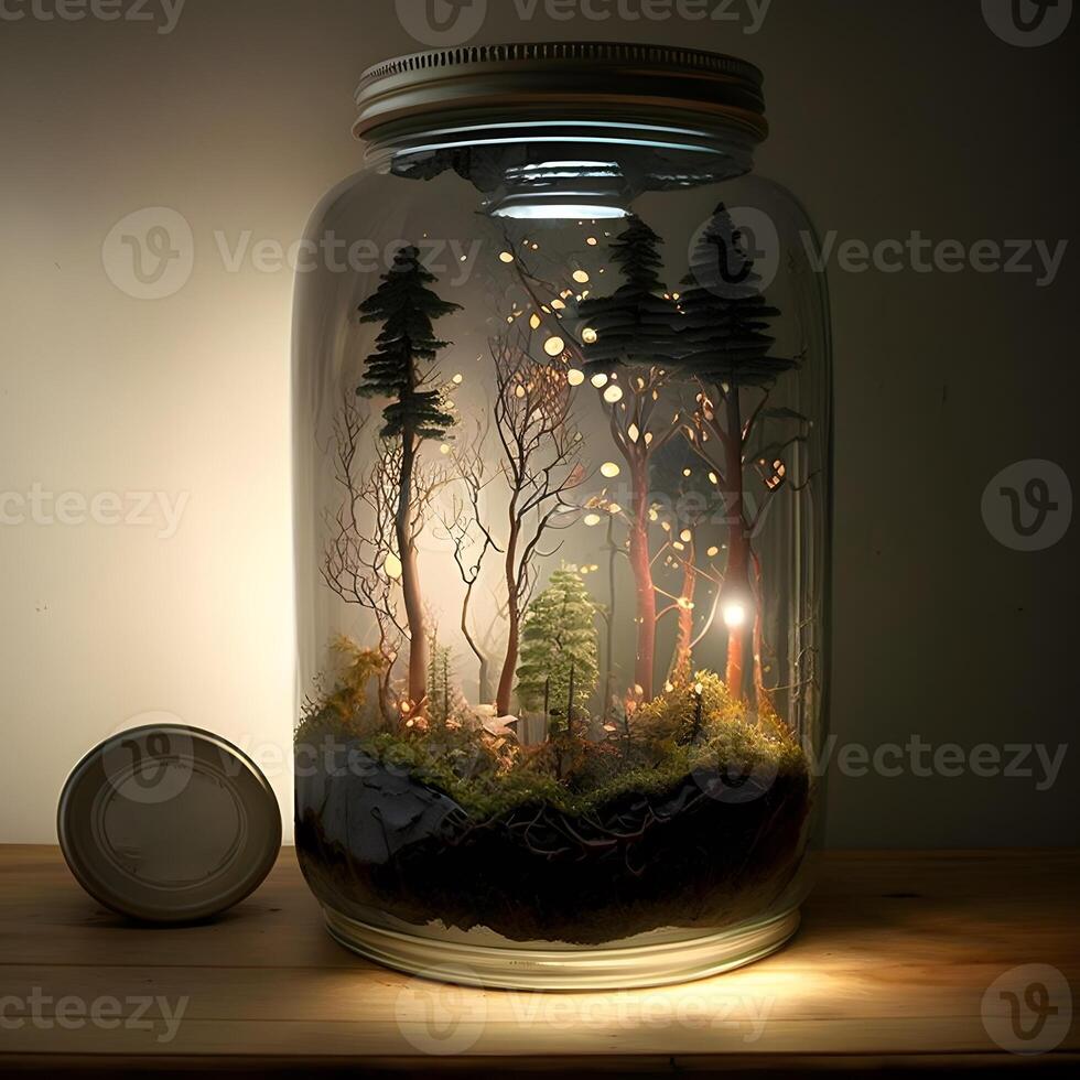 Plants and trees in glass container. Woods miniature. photo