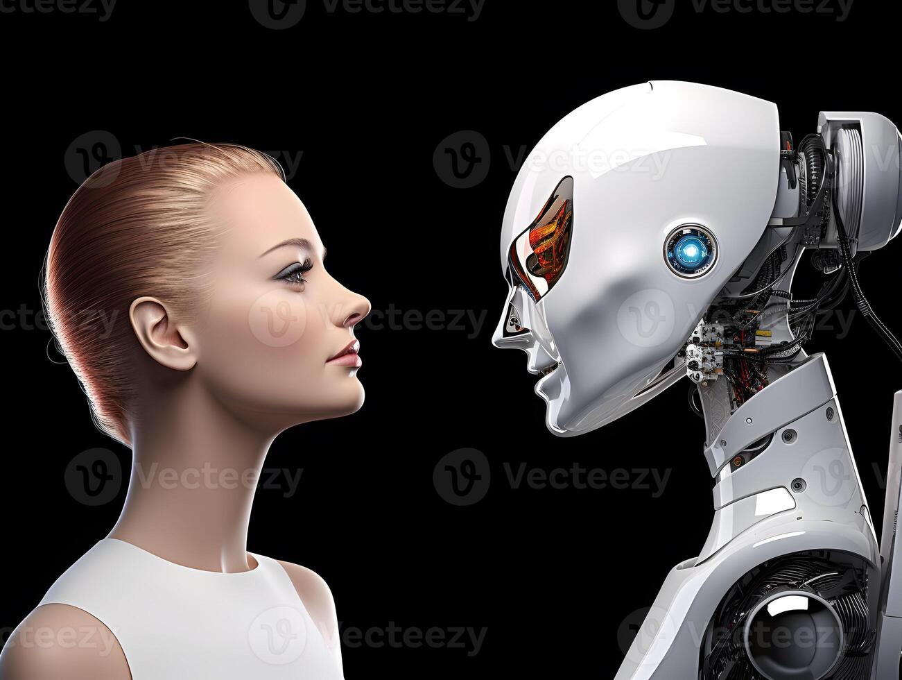 Beautiful woman and AI robot look at each other. Concept of human and robot war in future. photo