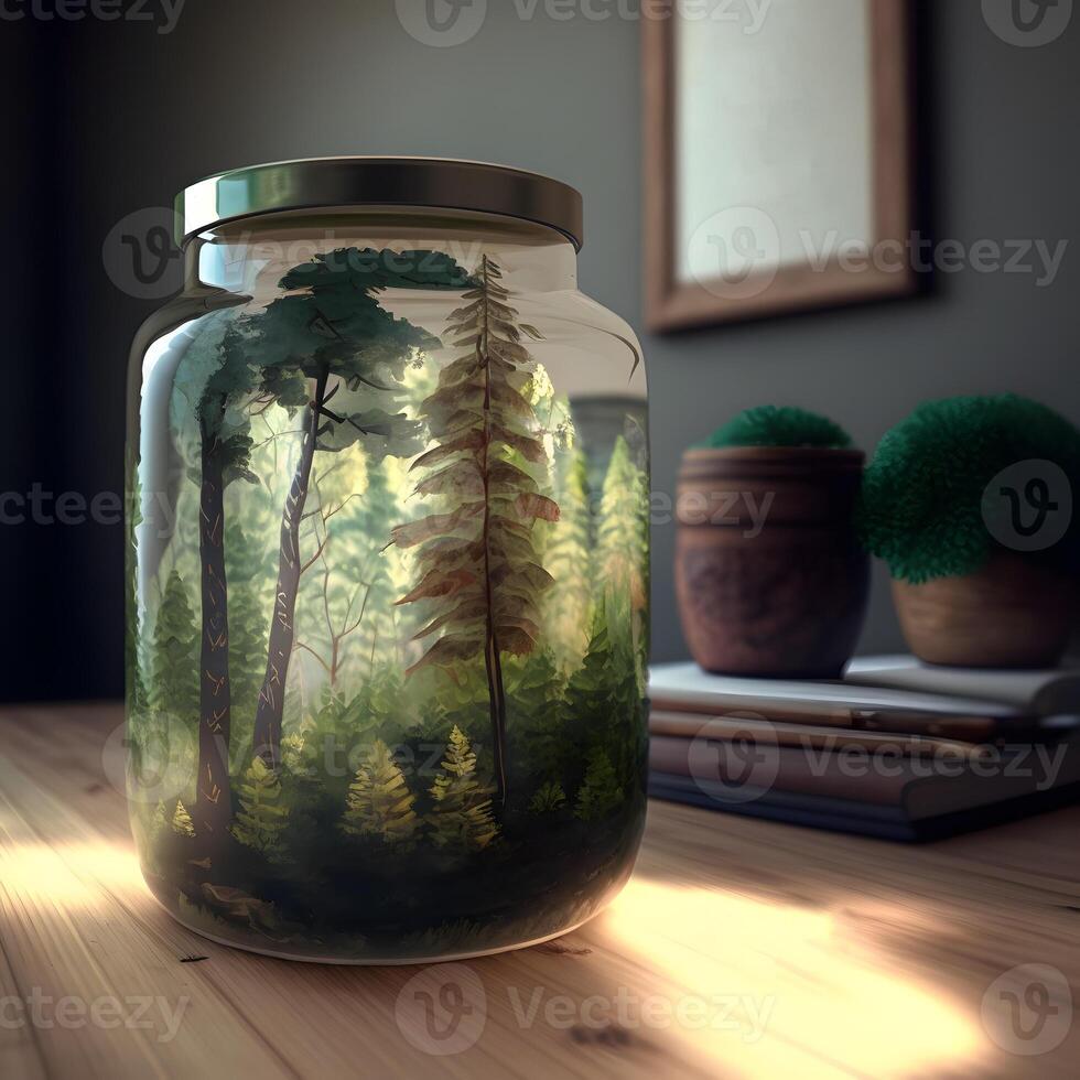 Plants and trees in glass container. Woods miniature. photo