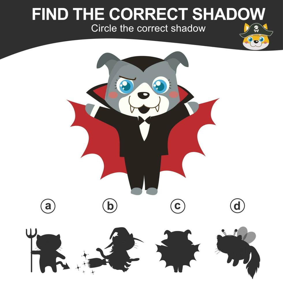 Find the correct shadow. Match the image with the shadow. Worksheet for kid. Educational printable worksheet. Vector illustration.