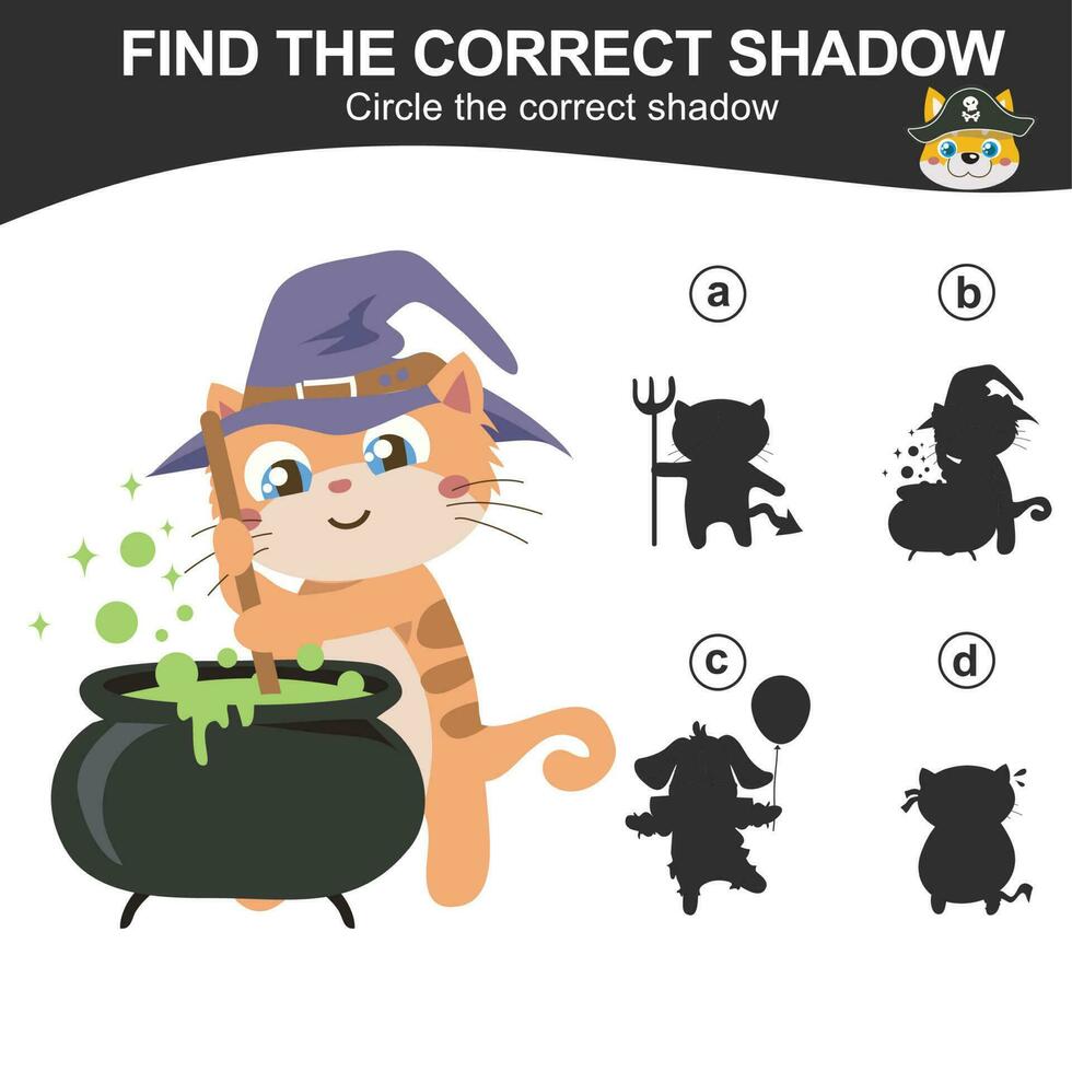Find the correct shadow. Match the image with the shadow. Worksheet for kid. Educational printable worksheet. Vector illustration.