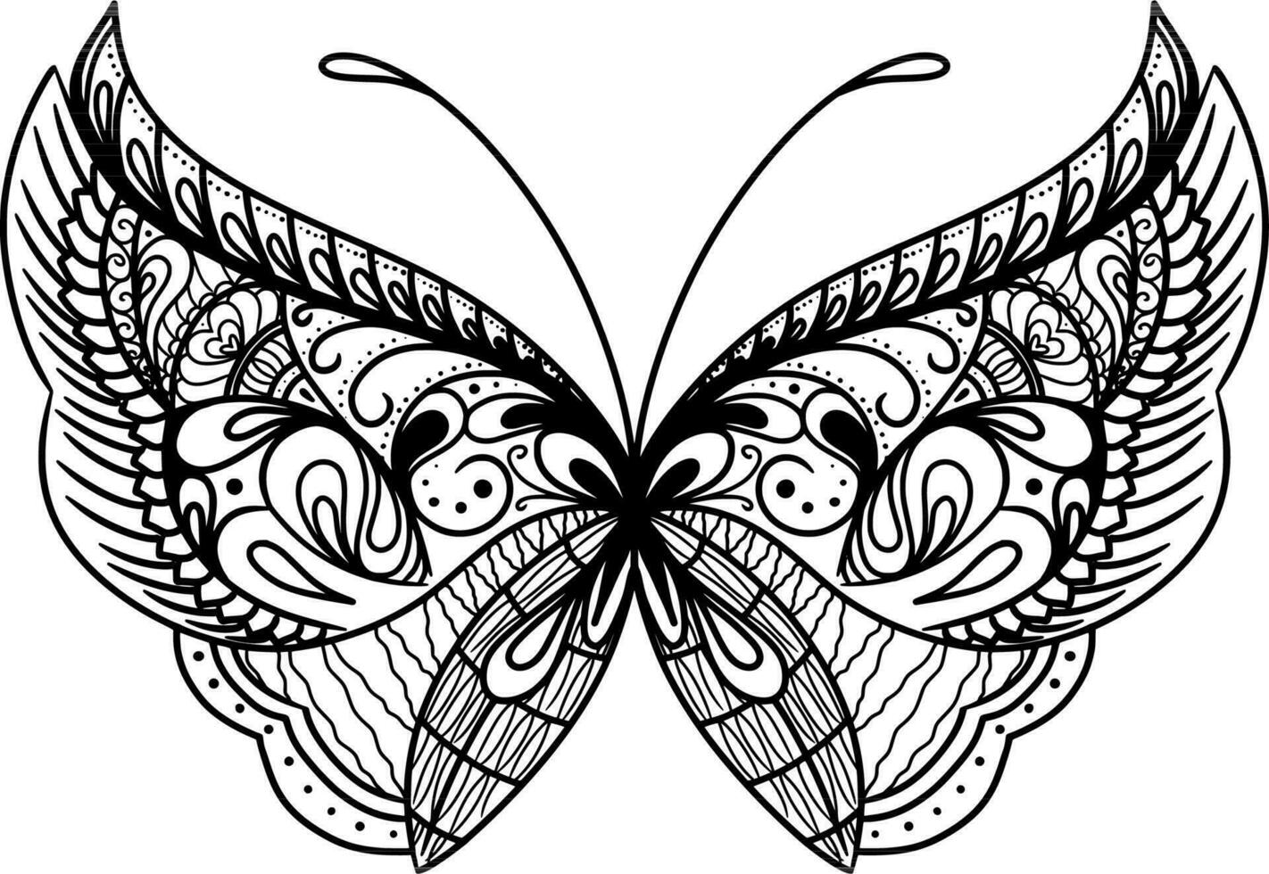 Monochrome ethnic butterfly mandala design. Anti-stress coloring page for adults. Hand drawn black and white vector illustration