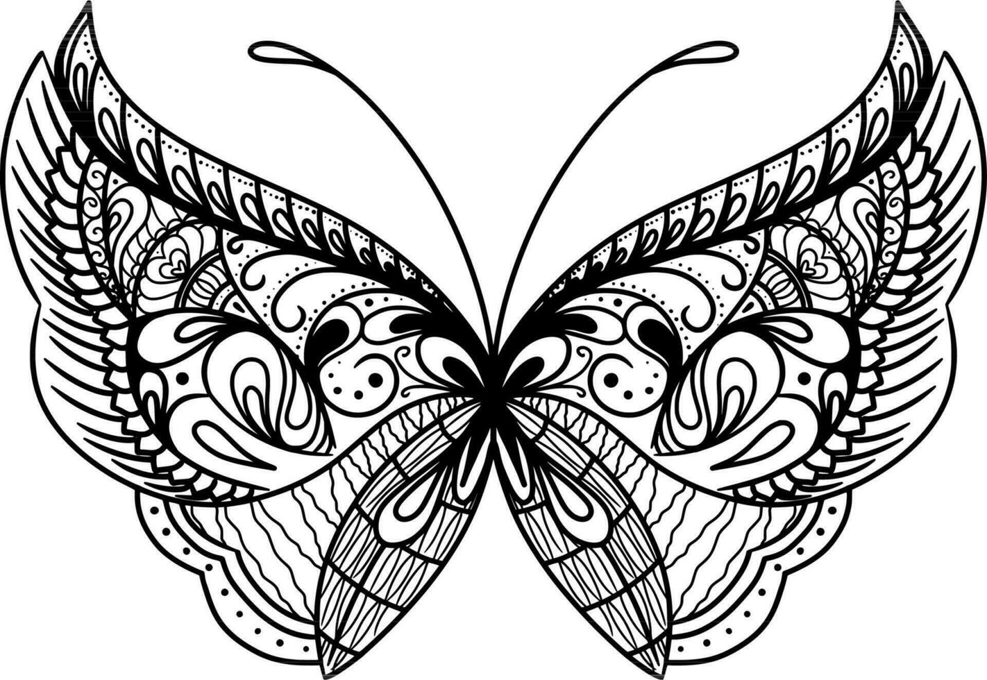 monocromo étnico mariposa mandala diseño. anti estrés colorante página para adultos mano dibujado negro y blanco vector ilustración