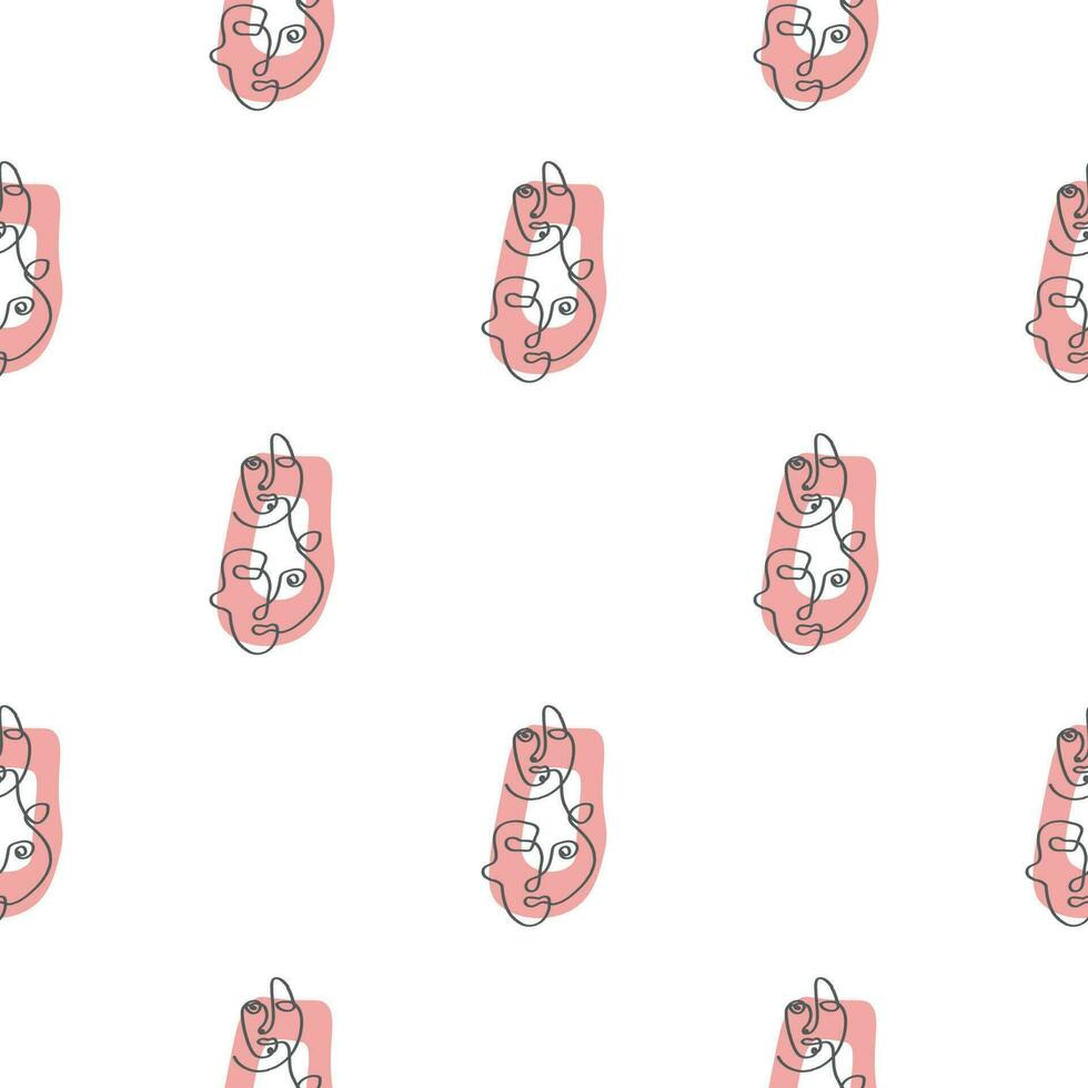 Surreal Faces One Line Seamless Pattern . Abstract Minimalistic Art design for print, cover, wallpaper, Minimal and natural wall art. Vector illustration on white background.