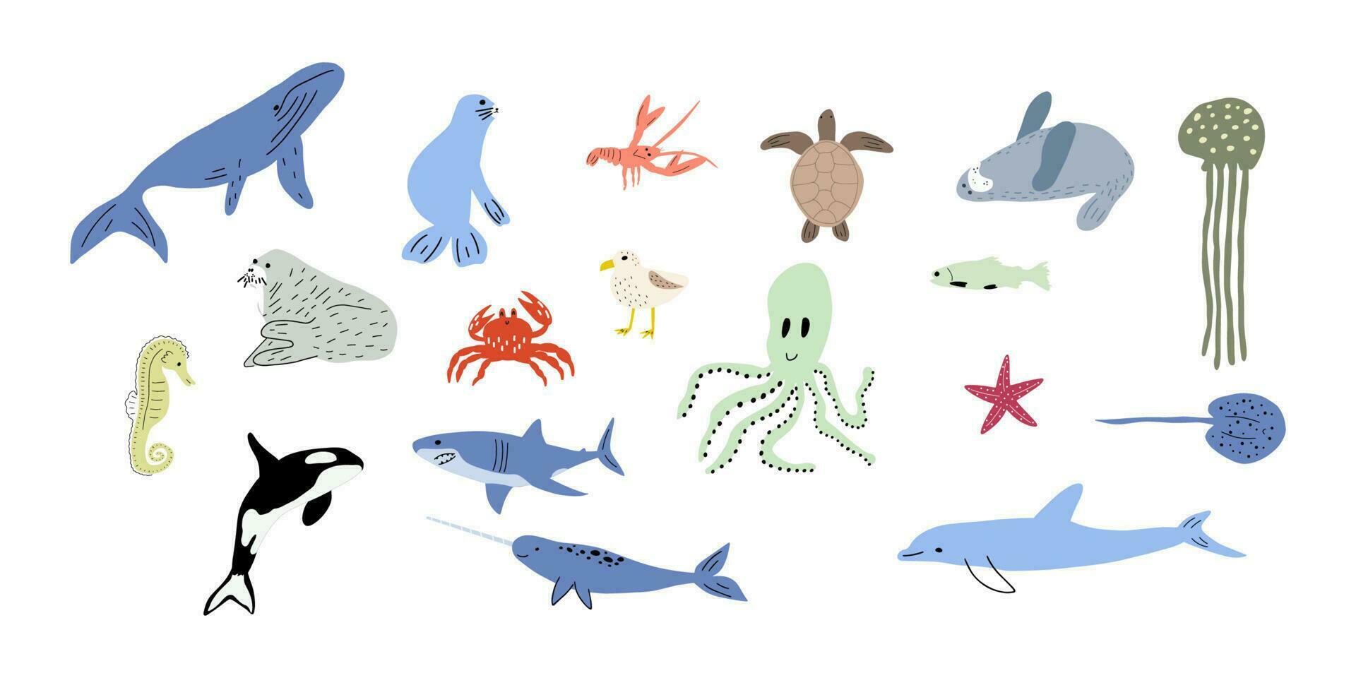 mar animales linda acuático pez, tortuga, ballena, narval, delfín, pulpo, estrella de mar, cangrejo, Medusa, sello y otro. niños vector ilustración.