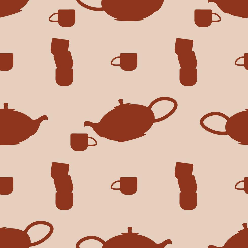 Tea ceremony. Teapot and cups or ceramic mugs with tea. Beautiful Japanese ceramic tableware. Vector seamless pattern