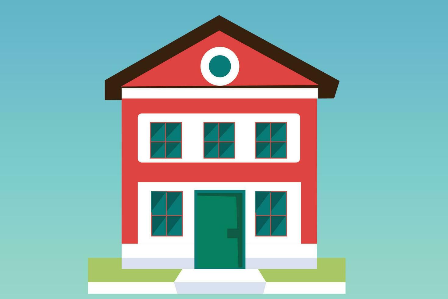 School with a green lawn. Icon. Flat vector illustration isolated on Any color of the background, School building in flat style. Modern school, college building. Vector illustration