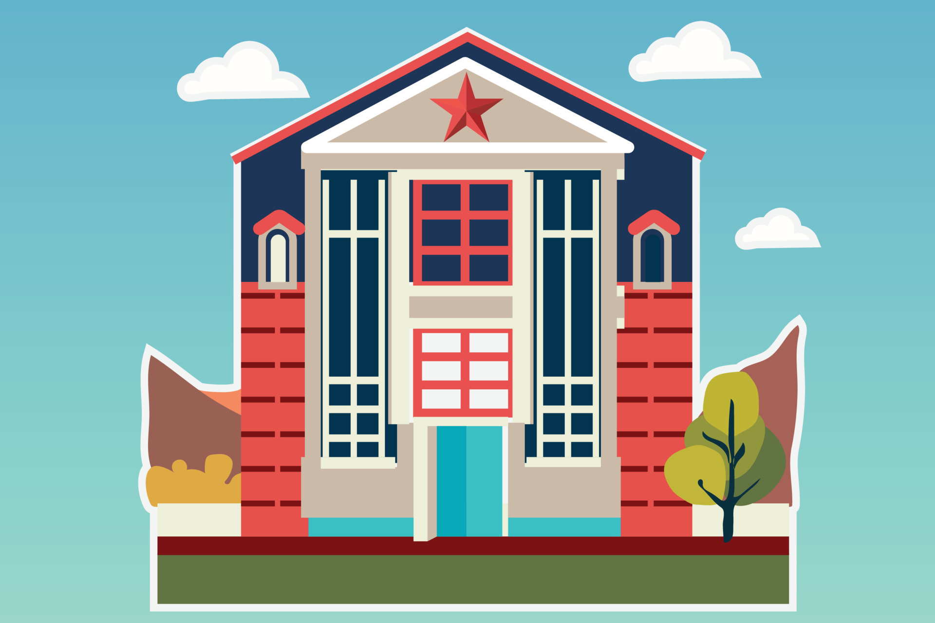 School with a green lawn. Icon. Flat vector illustration isolated on Any  color of the background, School building in flat style. Modern school,  college building. Vector illustration 24589444 Vector Art at Vecteezy