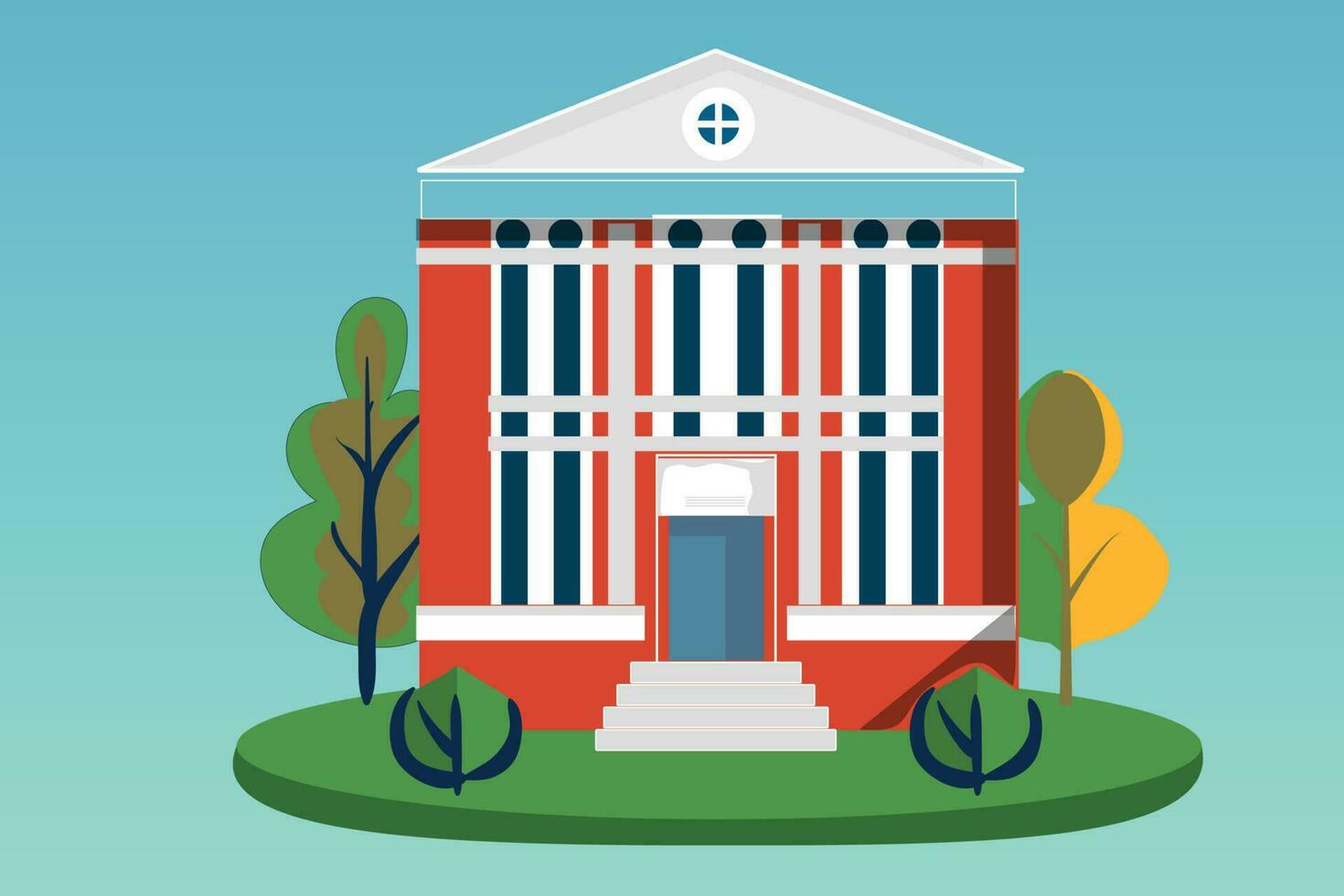 School with a green lawn. Icon. Flat vector illustration isolated on Any color of the background, School building in flat style. Modern school, college building. Vector illustration