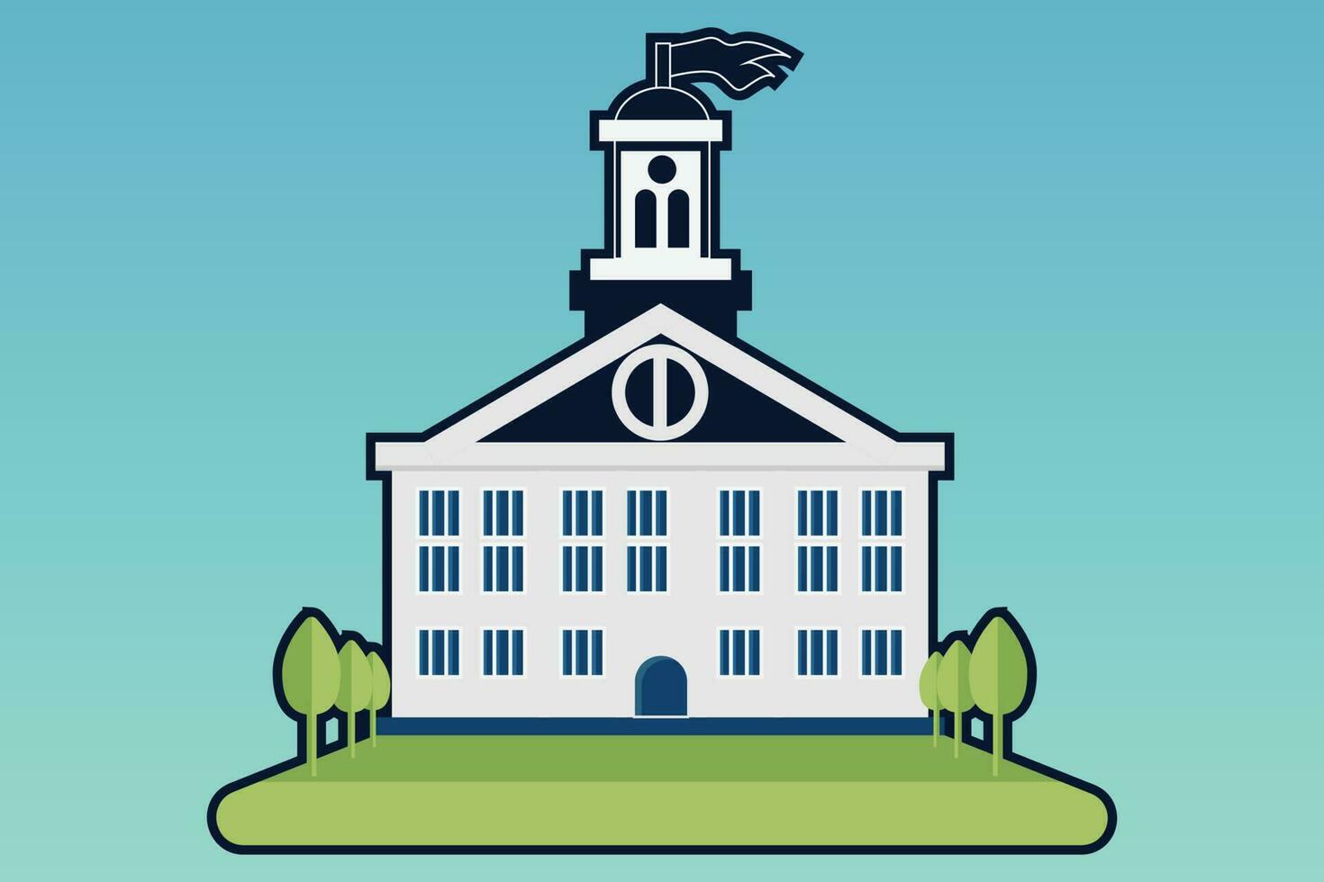 School with a green lawn. Icon. Flat vector illustration isolated on Any color of the background, School building in flat style. Modern school, college building. Vector illustration