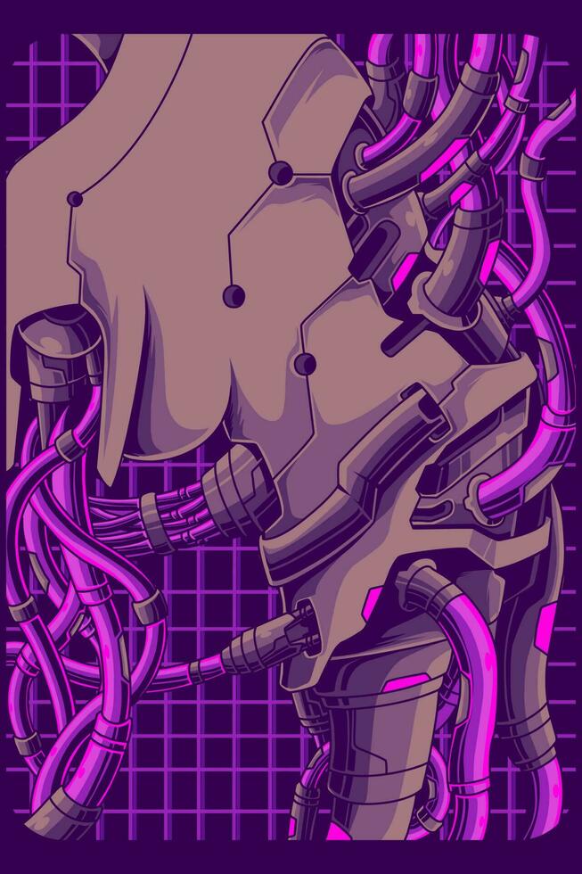 Detailed cyborg body illustration in cyberpunk style vector