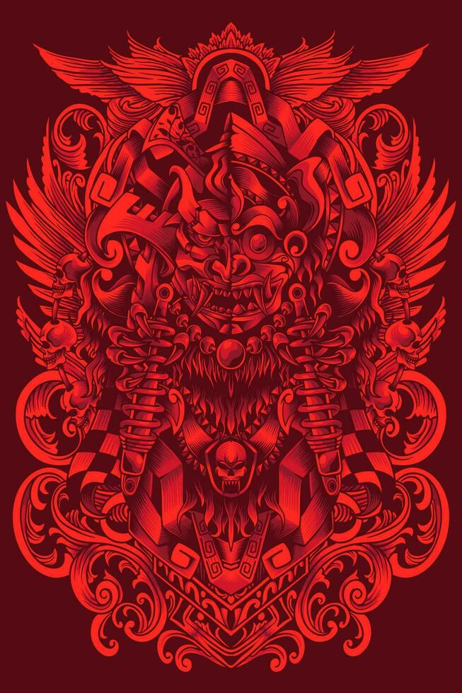 Balinese Barong red art illustrations combined with Japanese Samurai vector