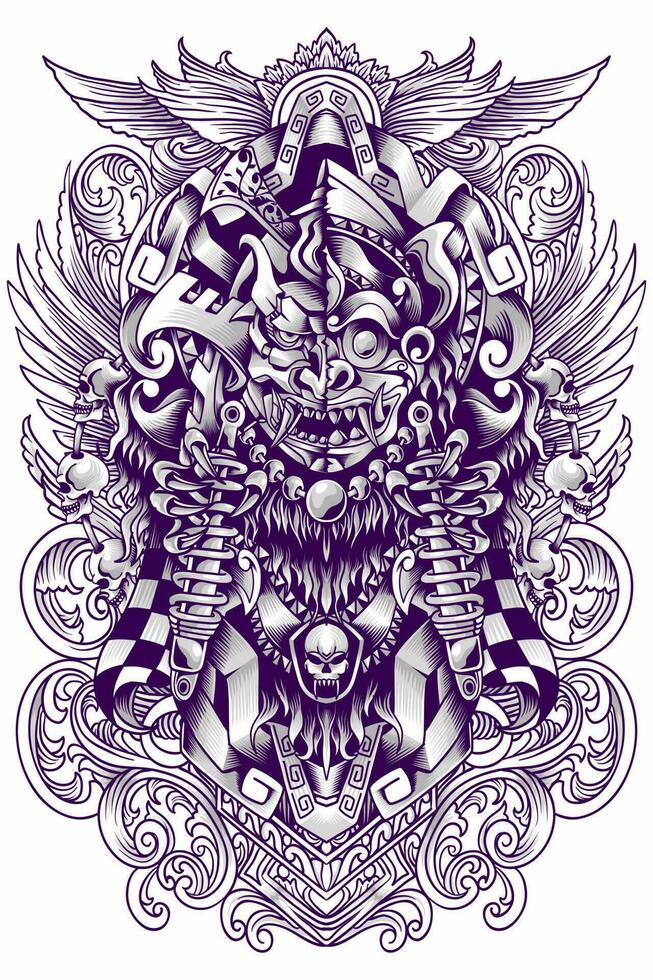 Balinese Barong line art illustrations combined with Japanese Samurai vector