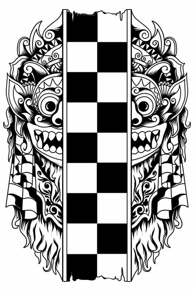 Vector illustration of Barong Bali mask in black and white style