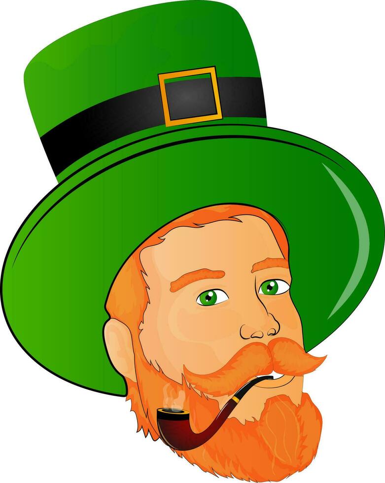 Leprechaun man face with smoking pipe on white background. vector